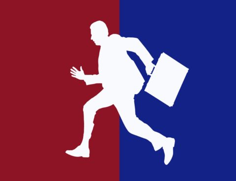 outline of man running with suitcase